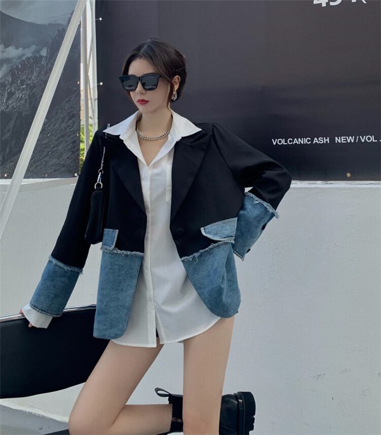 韓国ファッション 春 秋 新品高品質 長袖 縫付 デニム スーツ コート 個性 気質 ゆったりするトレンド