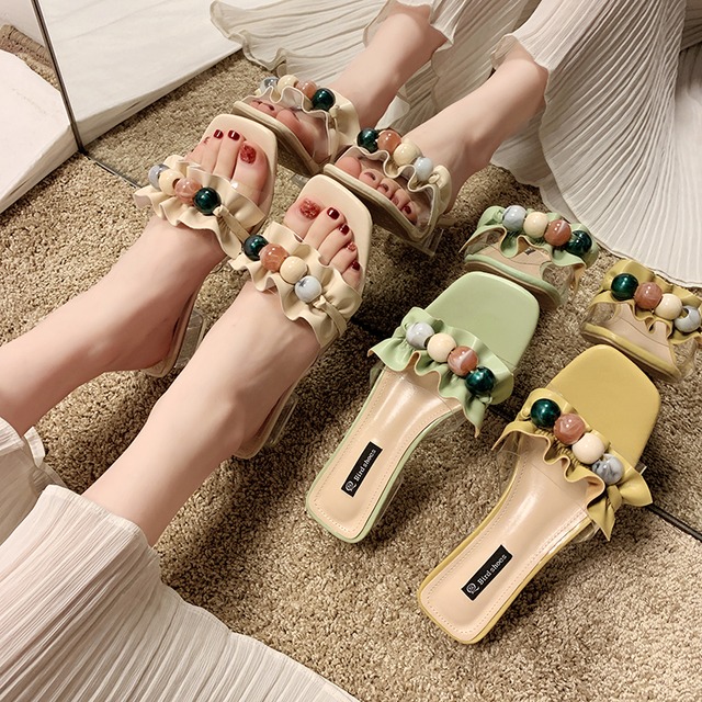 純赤のサンダルとスリッパ女性の摩耗2020年春の新しいバージョンの純赤の正方形のヘッド野生の厚いオープントゥの単語のドラッグ女性 部族の婦人靴9841156