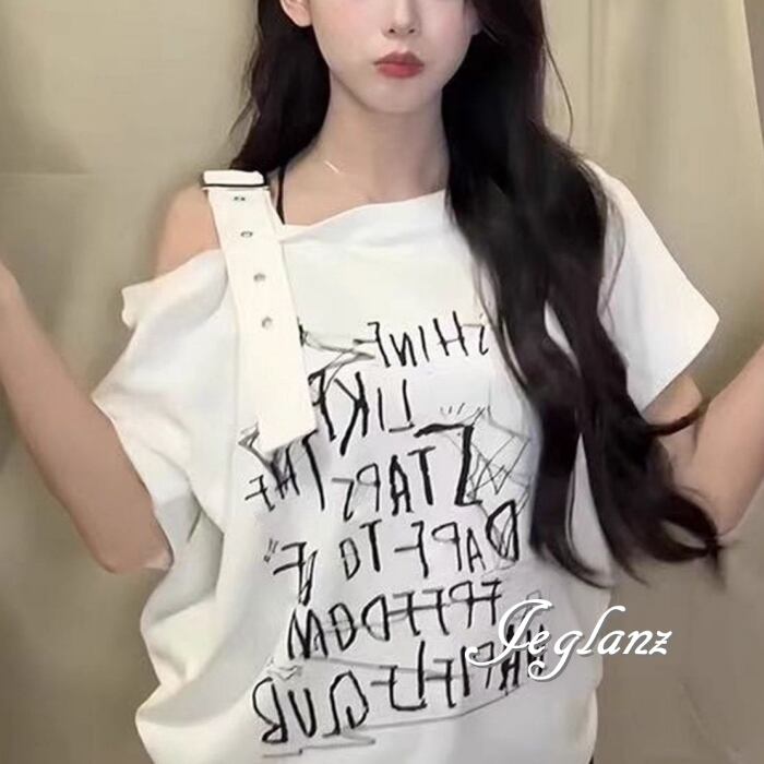 2色 ワンショル Tシャツ ロンT ロゴ スタッズ ベルト カジュアル(MC366)ρ