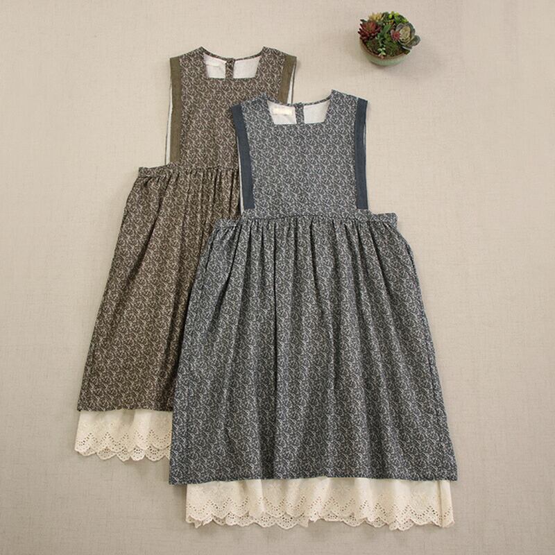 クラシック花柄ダブル裾レースエプロンワンピース W1108