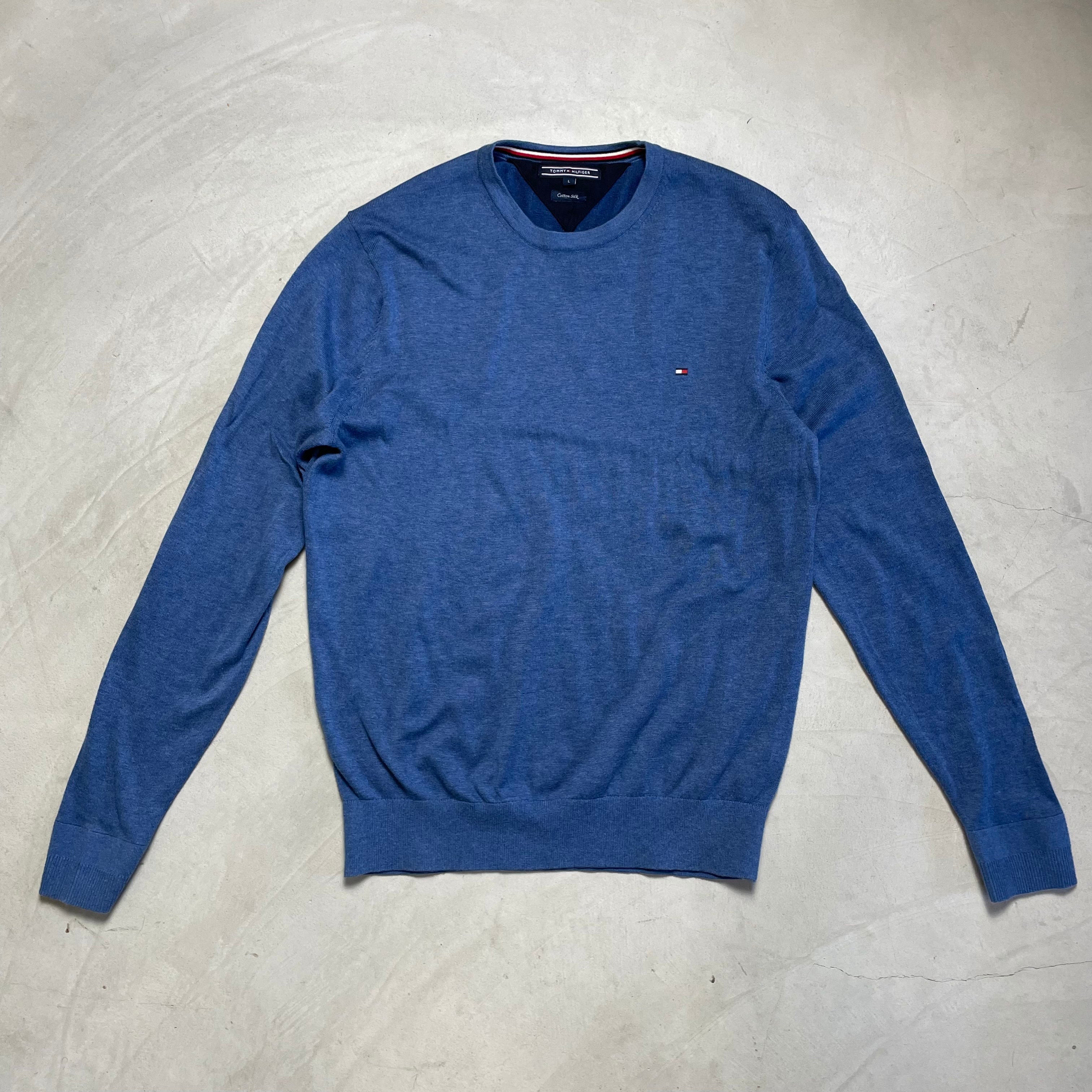 TOMMY HILFIGER トミーヒルフィガー カシミア コットンニットセーター メンズL 古着 ワンポイントロゴ刺繍 ライトブルー 青色 薄手【ニットセーター】