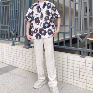 フラワーグラフィックプリント半袖シャツ　0766