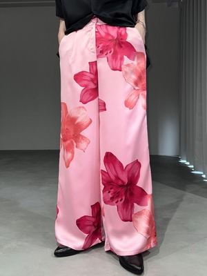 satin flower wide tuck pants / pink