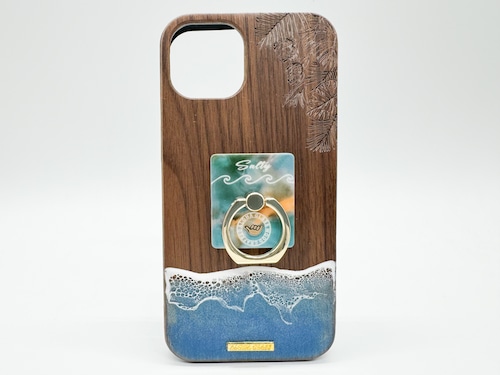 Hang loose/wood×resin marine blue wave case(walnut)