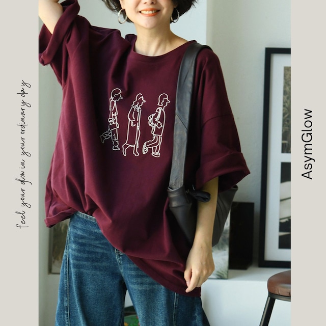 ラインイラストオーバーサイズクルーネックTシャツ A00374