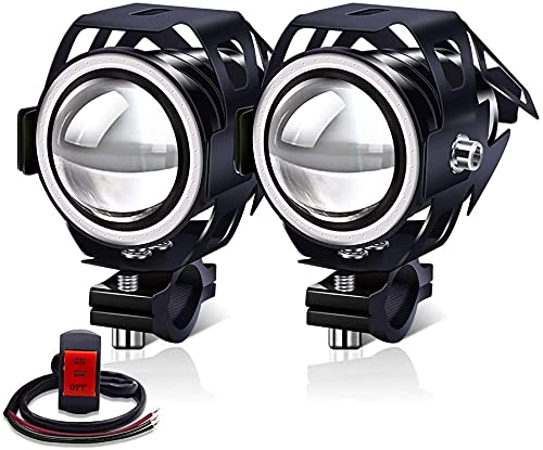 Aoling バイク フォグランプ 12V 24V ハイ·ロー·ストロボ LEDバイクヘッドライト 補助ライト 補助灯 オートバイ補助フォグランプ ホワイトライト ブルーイカリング付き ON/ON/OFFスイッチ付き 汎用車外灯 建築照明器具 夜釣り 漁業作業 農業機械 (2個セット)