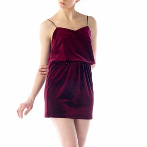 SPAGHETTI STRAP VELOUR MINI DRESS - WINE RED