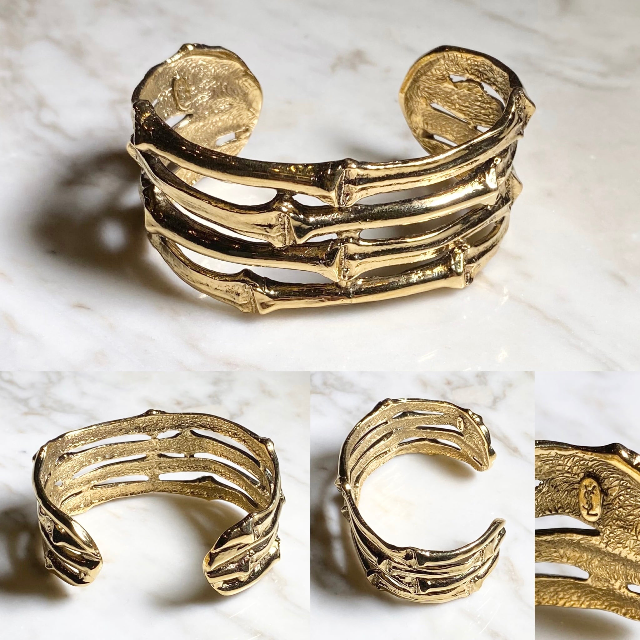 vintage YVES SAINT LAURENT gold color metal cuff bangle “bamboo 