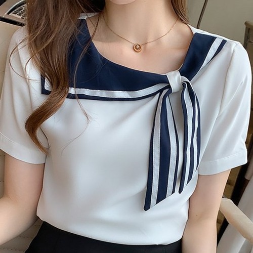 半袖シャツ レディース カラバリ2色 ホワイト ネイビー 薄手シャツ ブラウス 春夏 新作 シフォンシャツ シフォン きれいめ 大人 エレガントスタイル 上品 サイズ5展開 S M L XL 2XL