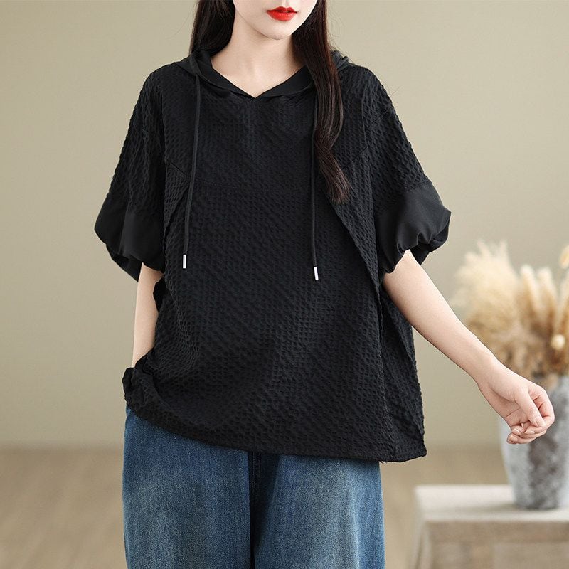HOODED DRAWSTRING LOOSE SHORT PULLOVER T-SHIRT M-18008