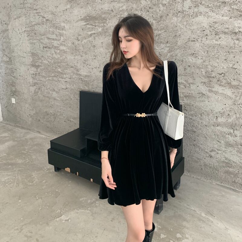 スタンダードウェストスリムブラックベルベットドレス レディースオータムウィンターソリッド カラースカート レトロ 秋物 冬物 ソリッドカラー ドラファッションホール90064359364