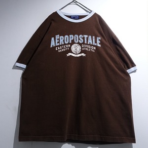 90s Brown × Light Blue Print Design Ringer T-Shirt