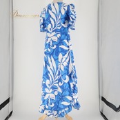 フラダンス 衣装 ワンピース ドレス ブルー系 フリル スリット アシンメトリー パフスリーブ ティアレ柄 かわいい 華やか 鮮やか 明るい 爽やか 青 白 ハワイアン アロハ ハワイアンプリント フラ ダンス レッスン 練習 ホワイト系 おしゃれ レディース