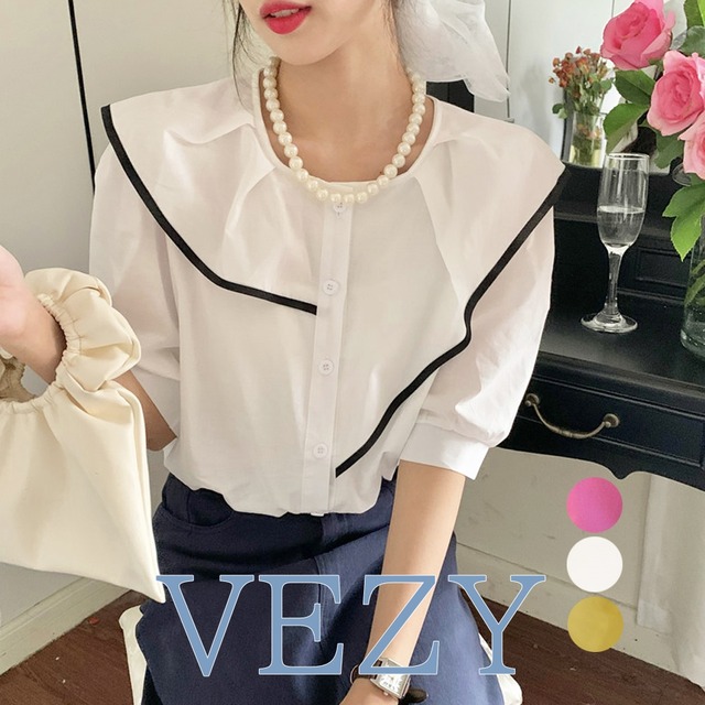 フリルブラウス レディース半袖夏トップス オフィスカジュアル シャツブラウス クルーネック 上品ブラウス 春秋 ビック襟 きれいめ 通勤 夏服大人可愛い 全3色 シャツ ブラウス ベジー VEZY ItemNo.【17861676 】