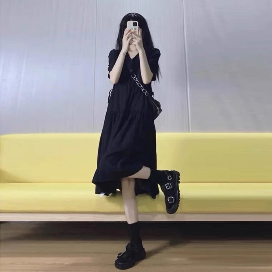 韓国ガーリー ウエストドロスト半袖ロングワンピース ブラック