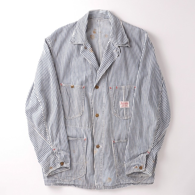 【希少】40s special vintage "Burlington" hickory stripe coverall jacket about size46 Big size made in USA mint condition /  40年代 ヴィンテージ  バーリントン ヒッコリー ストライプ コットン カバーオール ジャケット ビッグサイズ 実寸サイズ46 ミントコンディション USA製