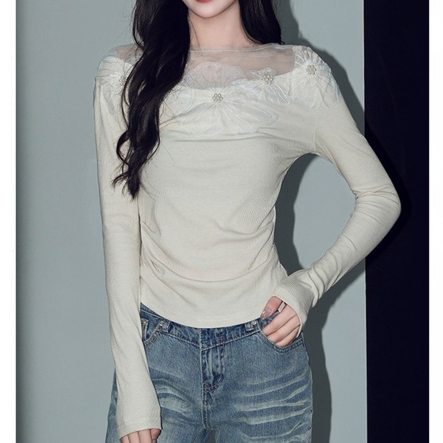 long sleeve lace trim cropped t-shirt m1295