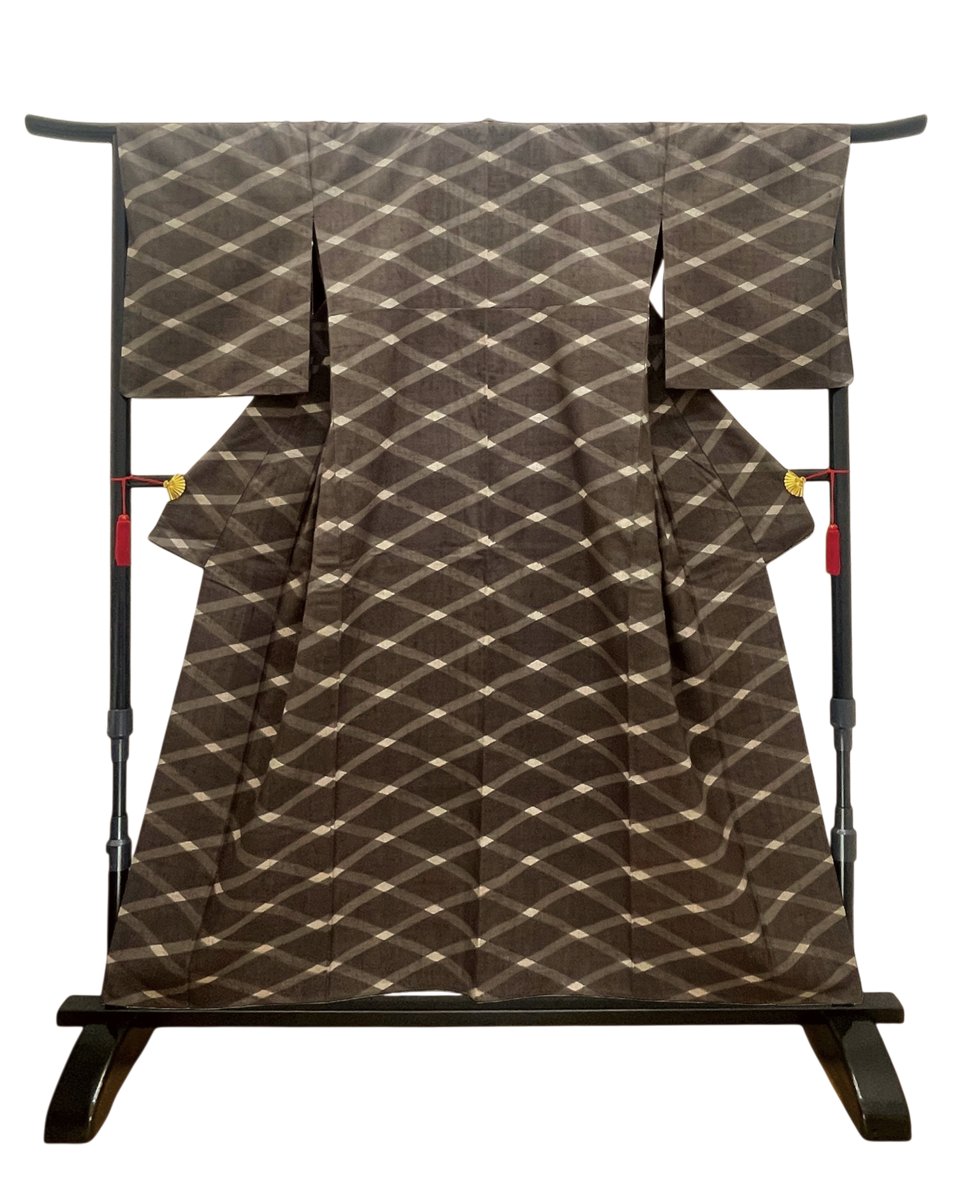 (単)海松茶亜麻色地 菱形染紬 (紋なし) LUKHM-066(リユース品)