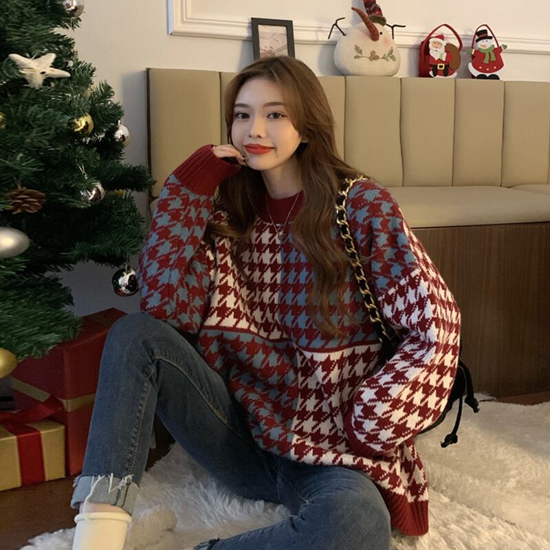 スプリングオータムルーズセーター レディースレッドトップス 春物 秋物 試着室65090086274