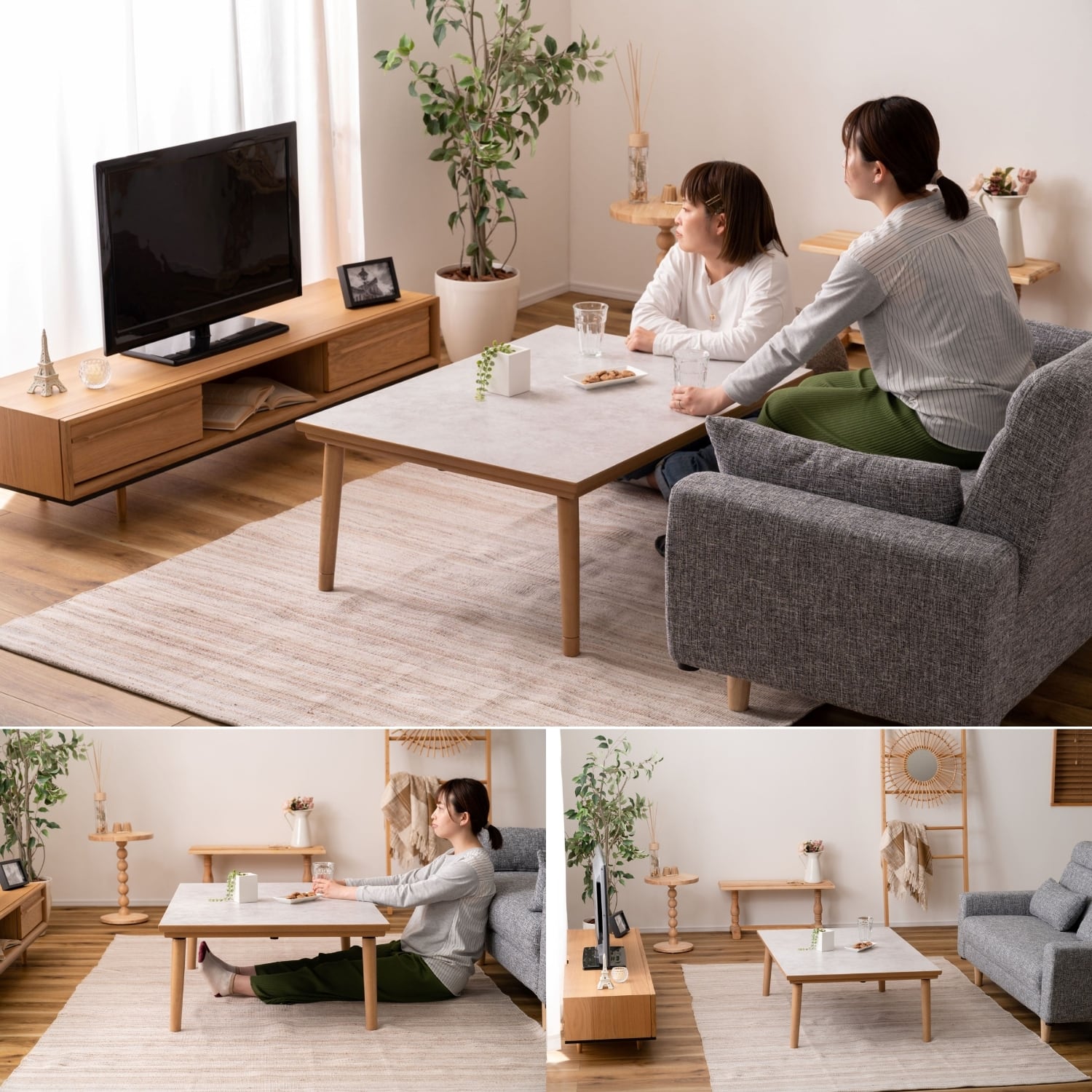 大理石調×天然木フラットヒーターこたつ／W105×D75 高さ36/40 cm 継脚