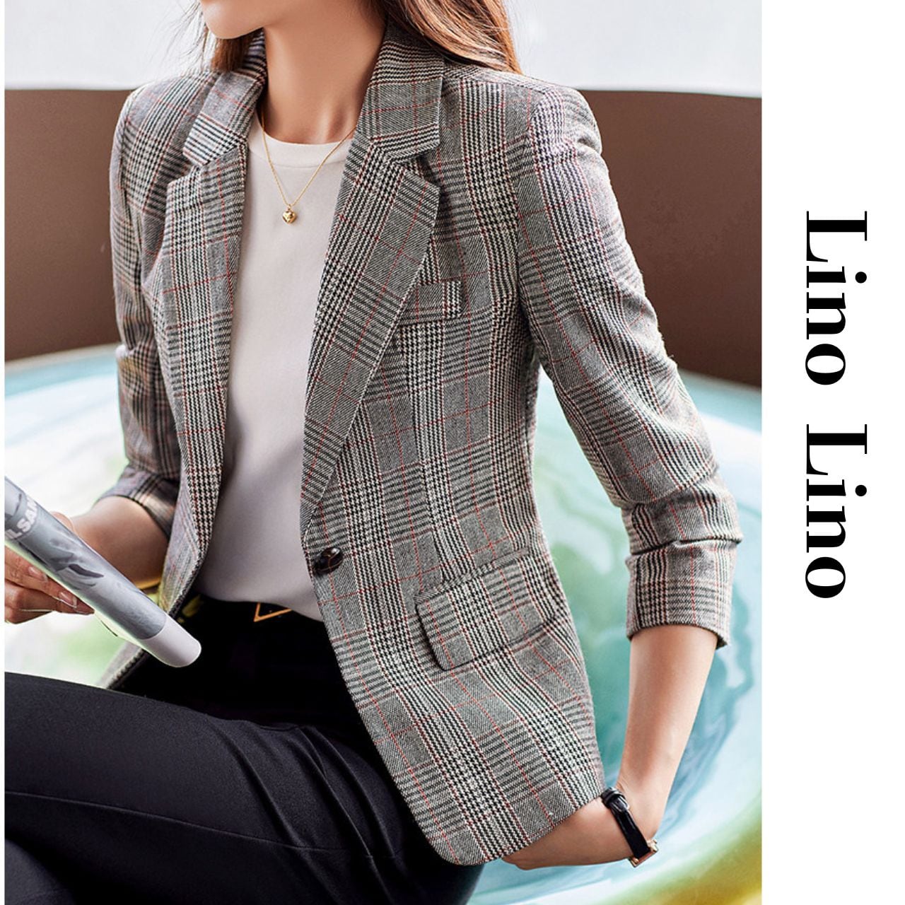 Checkered Single-Breasted Tailored Jacket L00878