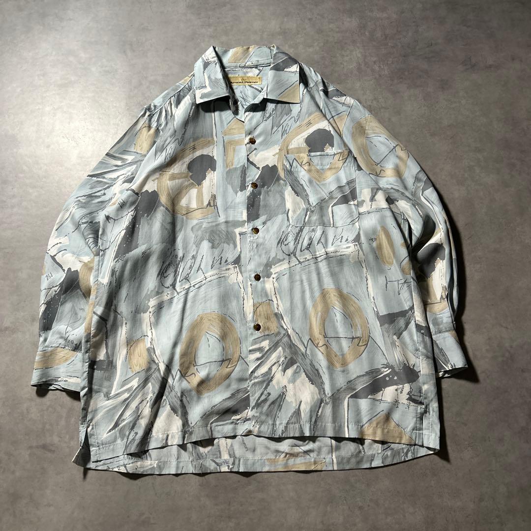 ヴィンテージ 総柄 レーヨン プルプル素材 オープンカラー デザイン シャツ