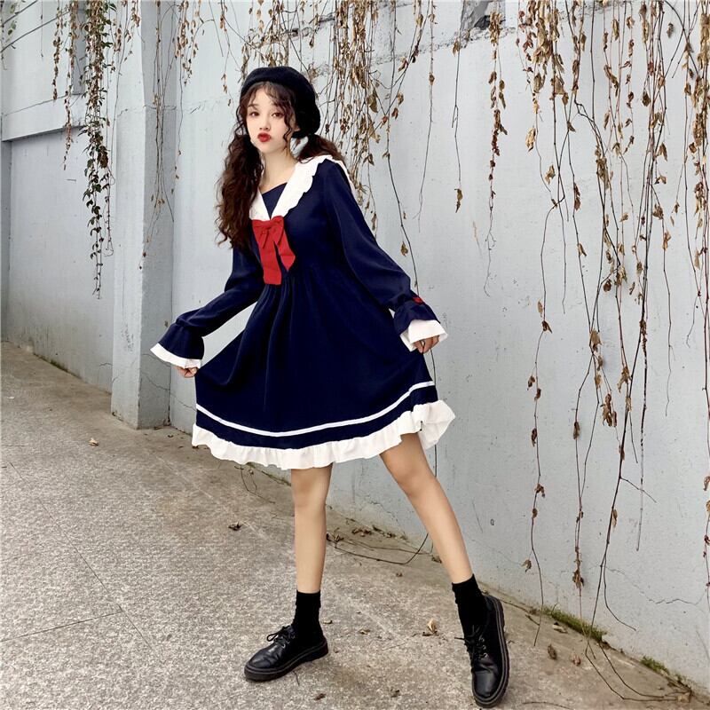 ドレス秋の服2020新しい女性の秋のeseドレス蝶ネクタイネイビーカラートランペットスリーブミドル丈スカートかわいい 萌量不足61826319440