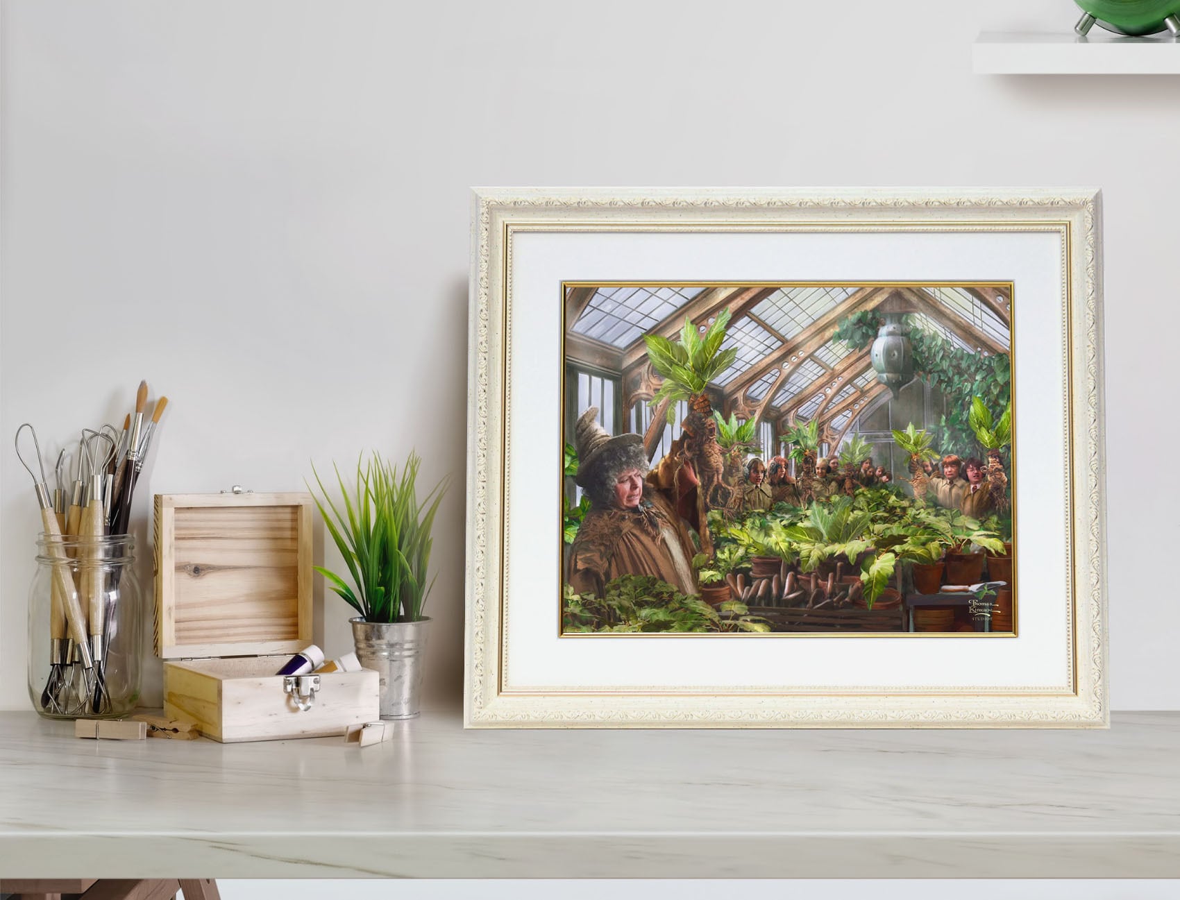 トーマス キンケード スタジオ「ハリー・ポッター/ホグワーツの温室」額縁 作品証明書 展示用フック付き アートプリントポスター