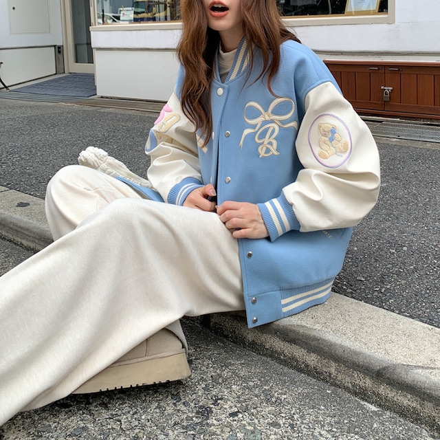 bear embroidered ribbon varsity jacket J00080
