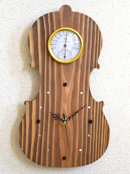 【静音秒針版】掛時計『ヴァイオリン ダークブラウン』【温湿度計】