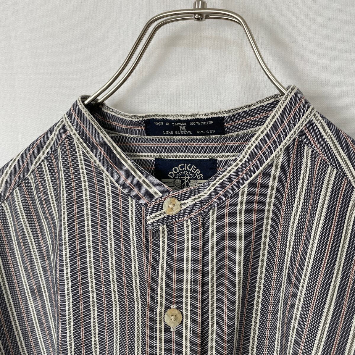 90s DOCKERS バンドカラーシャツ ストライプ 古着 ヴィンテージ ノー 