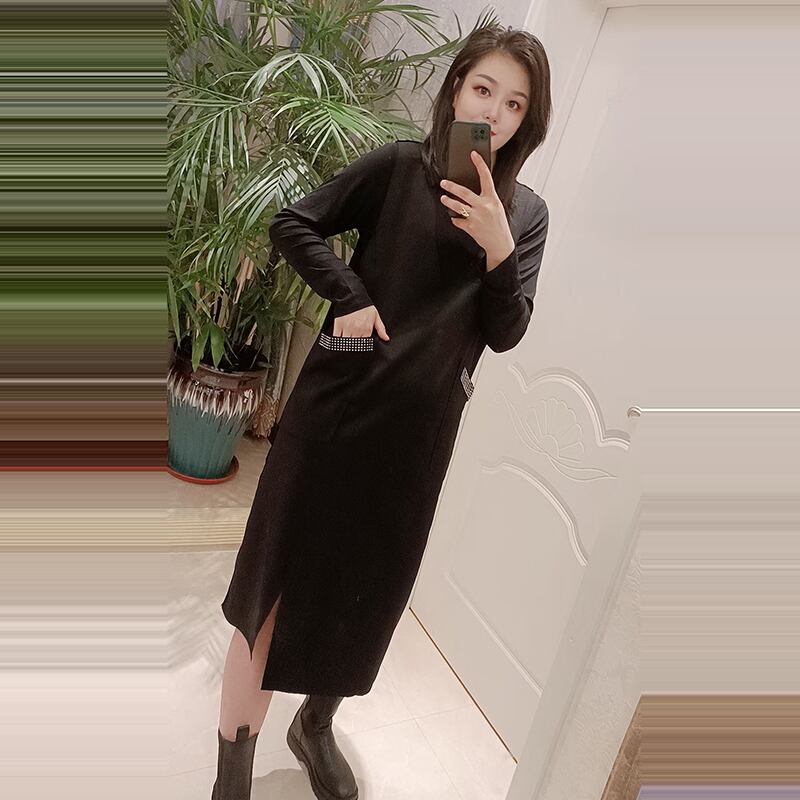 2020年秋新作レディースラージサイズファットmmサイドスリットスリミングドレスファッション気質ミドル丈メススカート ミックスインファッション68377920801