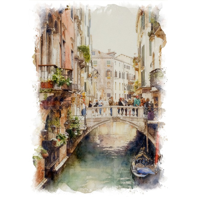 絵画 風景画(街並み) イタリア  ヴェネツィアの運河にかかる橋 インテリアアート額付き 水彩画・油絵調 WAT0682