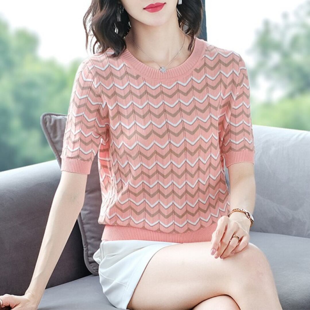 ラウンドネック 五分袖 山形ストライプ サマーニットｔシャツ レディースファッション 雪紡 Chiffon シフォン