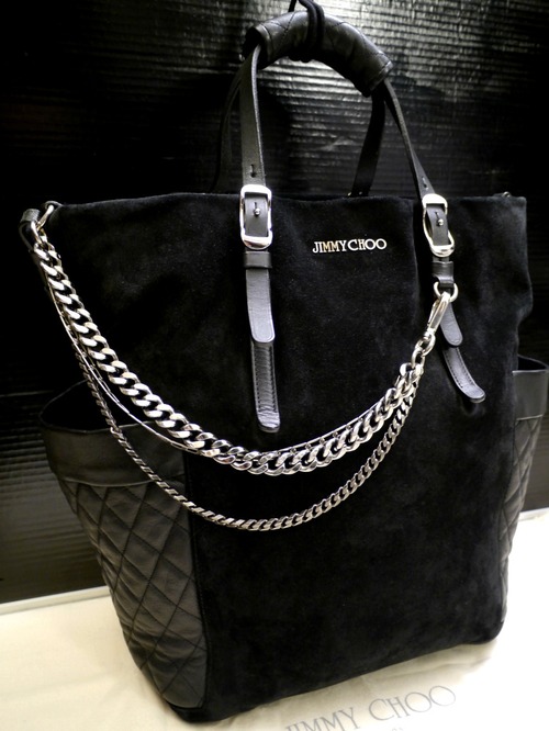 レア24万★JIMMY CHOO ジミーチュウ BLARE 男女可2way チェーンデザイン キルティングスエードレザー トート バッグ★ 3連チェーンバイカー