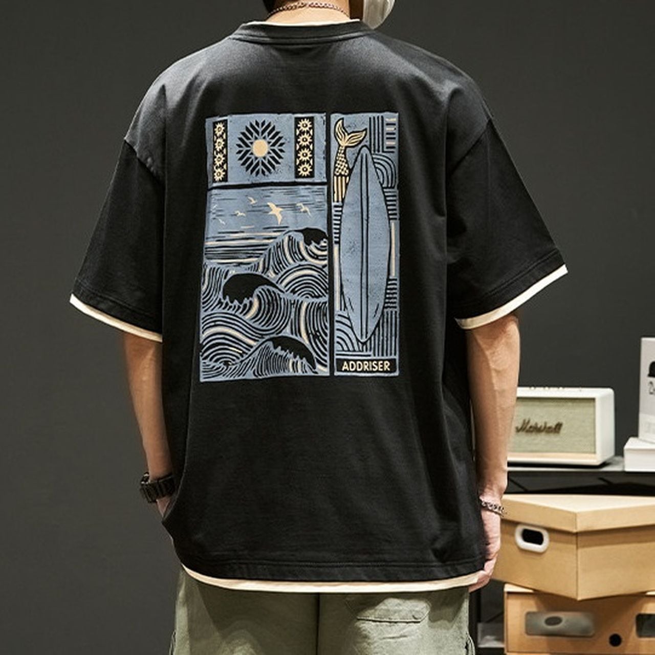American Retro Print Fake Two-Piece T-Shirt(MT1550)