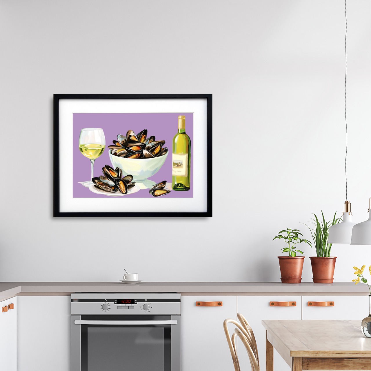 Mussels|ムール貝の白ワイン蒸しを描いた美食アートポスター|キッチンやダイニングを彩る北欧モダンデザイン|A3ポスター