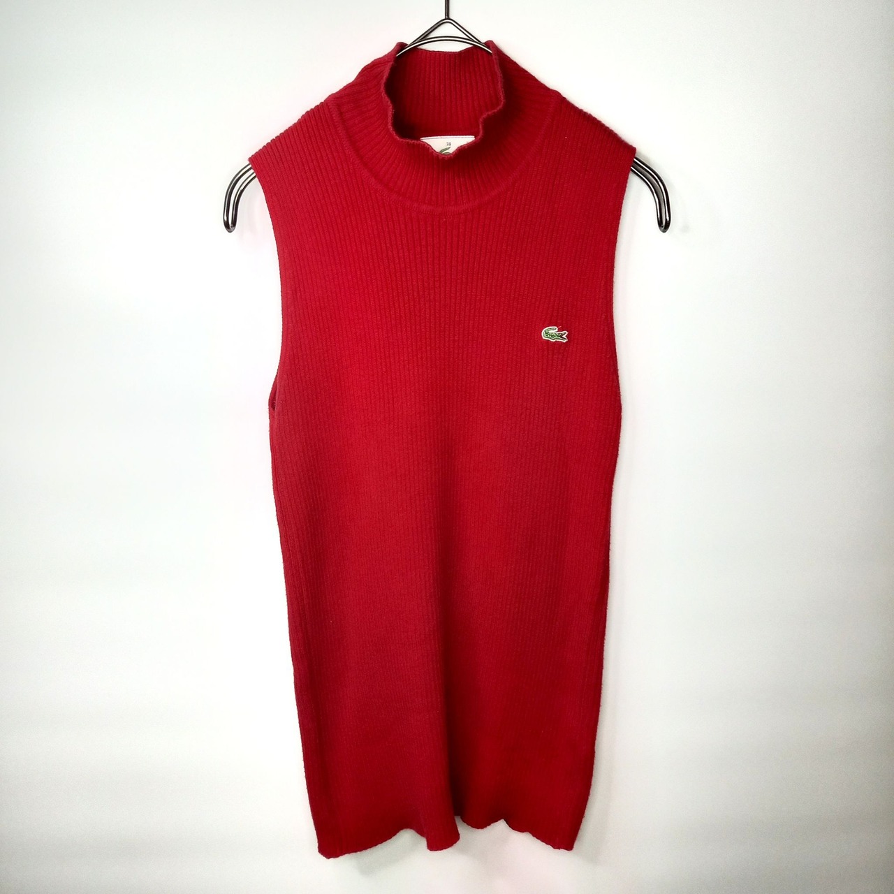ラコステ　ハイネック　ニットトップ　刺繍ロゴ　ユーロ古着　レッド　38サイズ