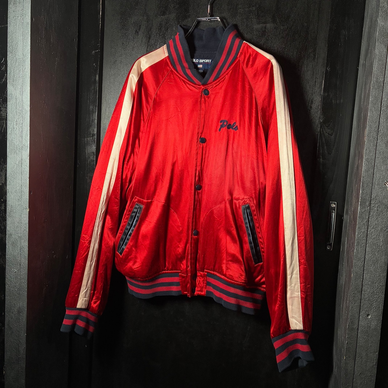 90s USA製　POLO SPORT レーヨンサテンスタジャン　赤　ポロスポーツ　スクリプトロゴ