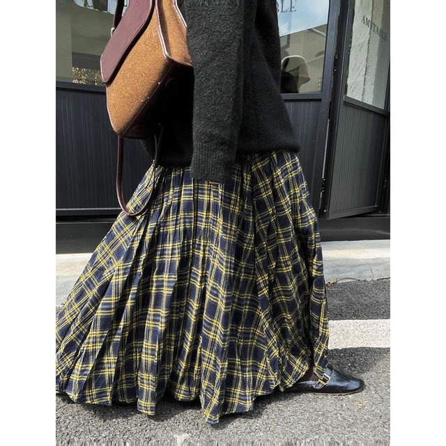 plaid long wrinkled flare skirt　2litr05973