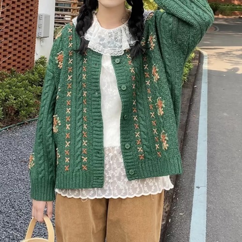 ラインフラワー刺繍ニットカーデ ・12054