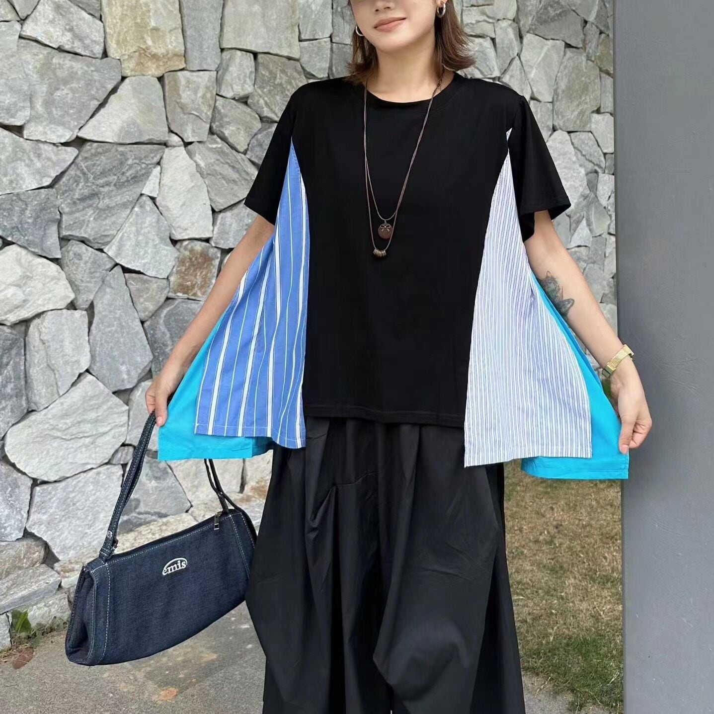 ASYMMETRIC CONTRAST SHORT SLEEVE T-SHIRT M-17595