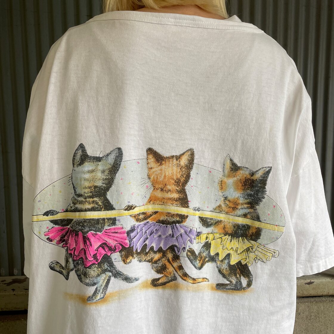 90年代 アート アニマル 猫 両面プリント ロング丈 Tシャツ ワンピース  
