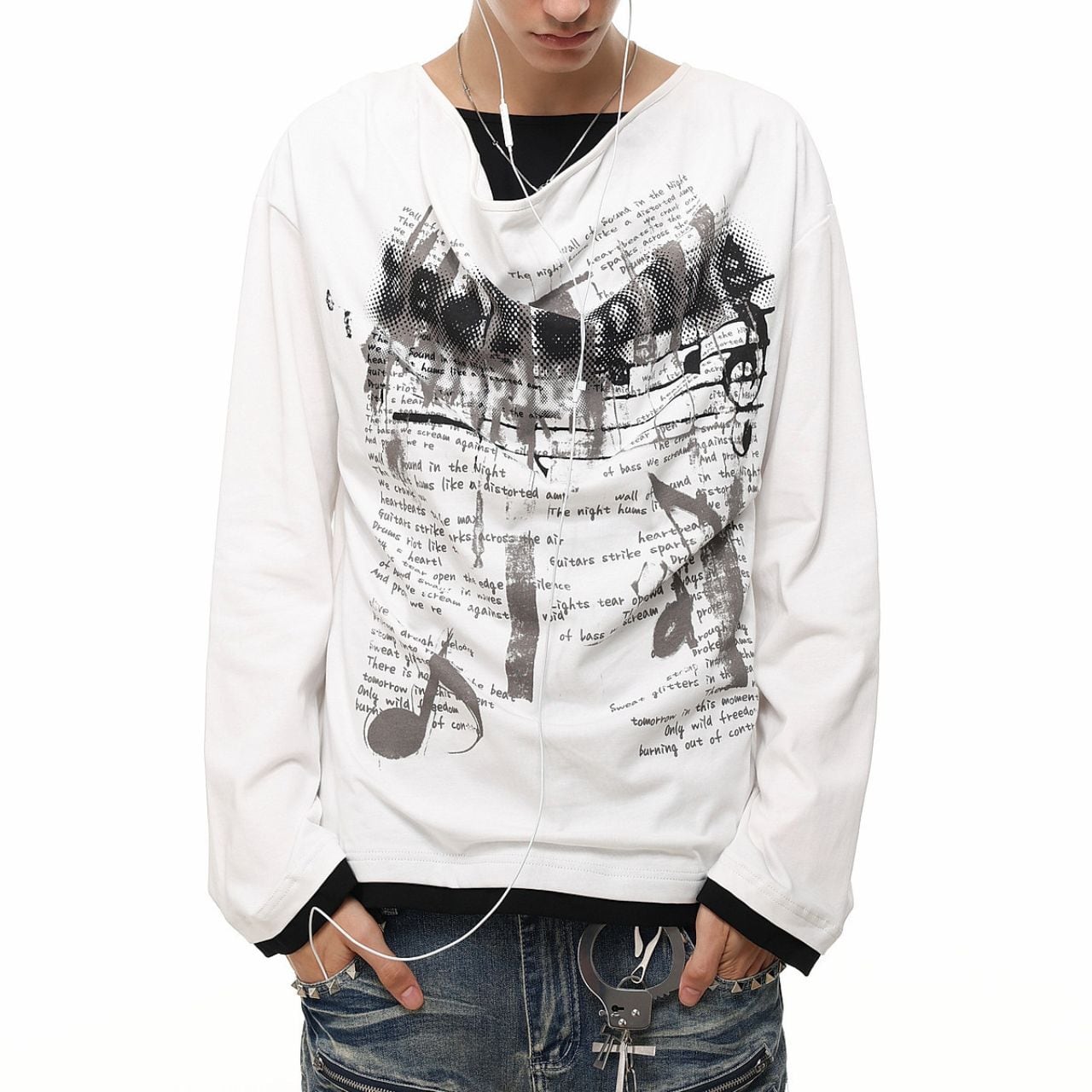 ノイズプリントフェイクレイヤードドレープTシャツ 2col A00398