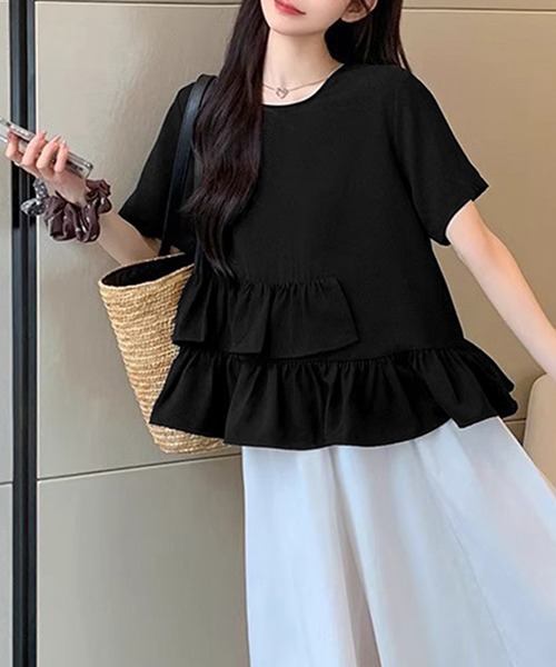 ◆ アシンメトリーフリルＴシャツ 異素材