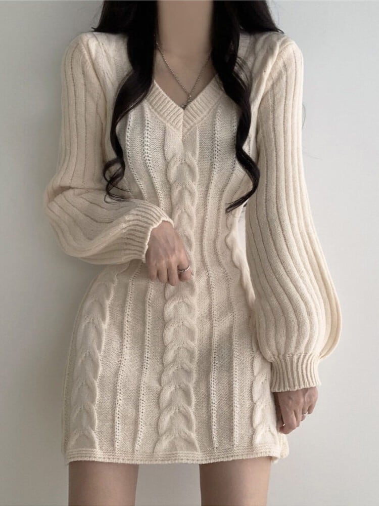 バブルスリーブ ケーブル編みミニニットワンピース | Lily Boutique
