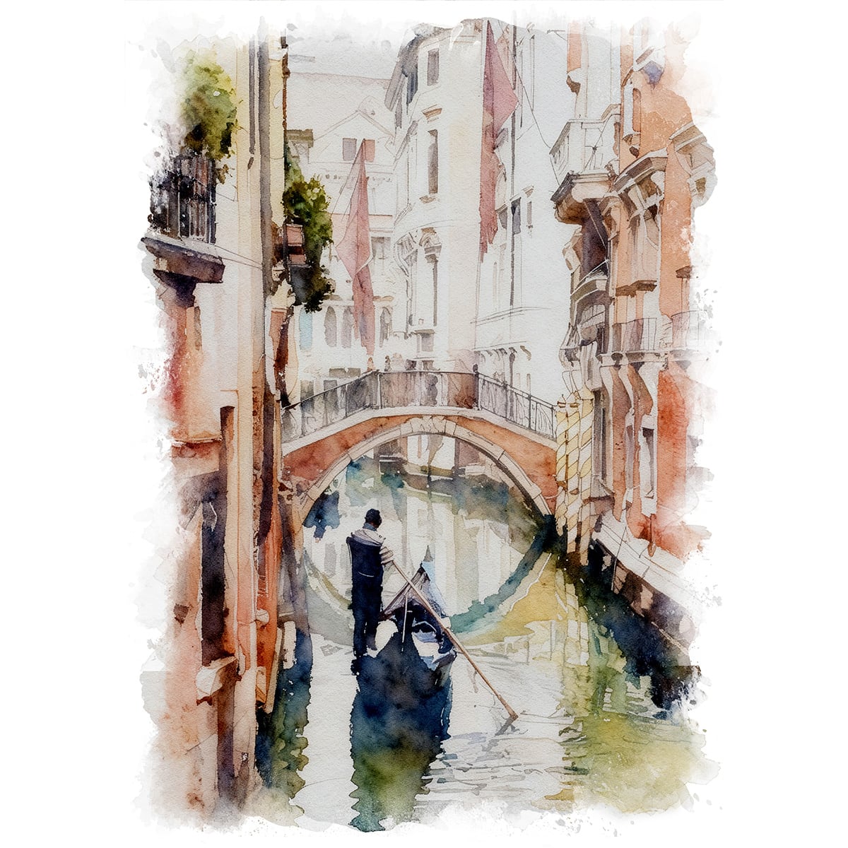 絵画 風景画(街並み) イタリア ヴェネツィア ゴンドラと橋 インテリアアート額付き 水彩画・油絵調 WAT0723