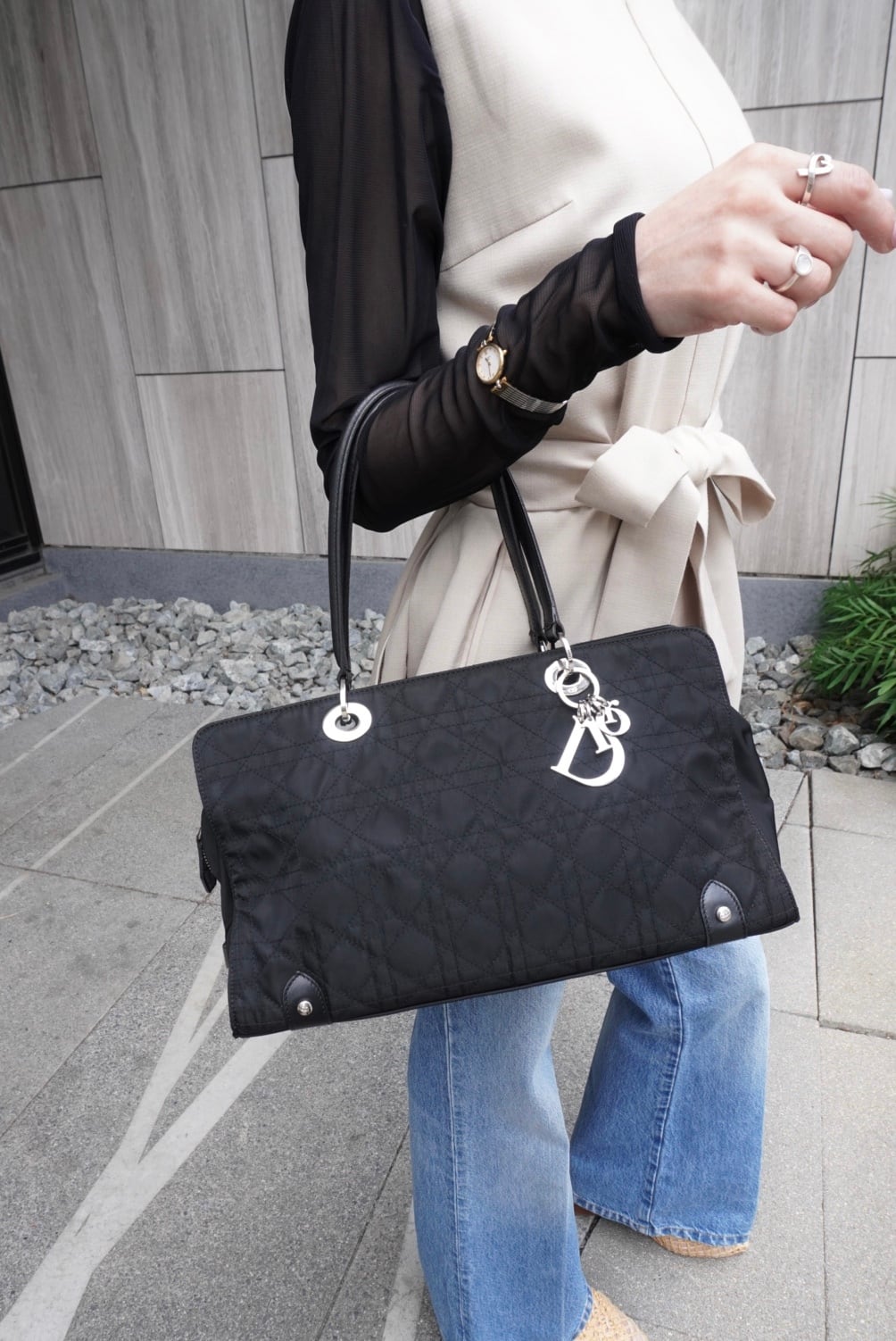 Christian Dior クリスチャン ディオール カナージュ ハンドバッグ ブラック ロゴチャーム ナイロン レザー vintage ヴィンテージ オールド bceacw