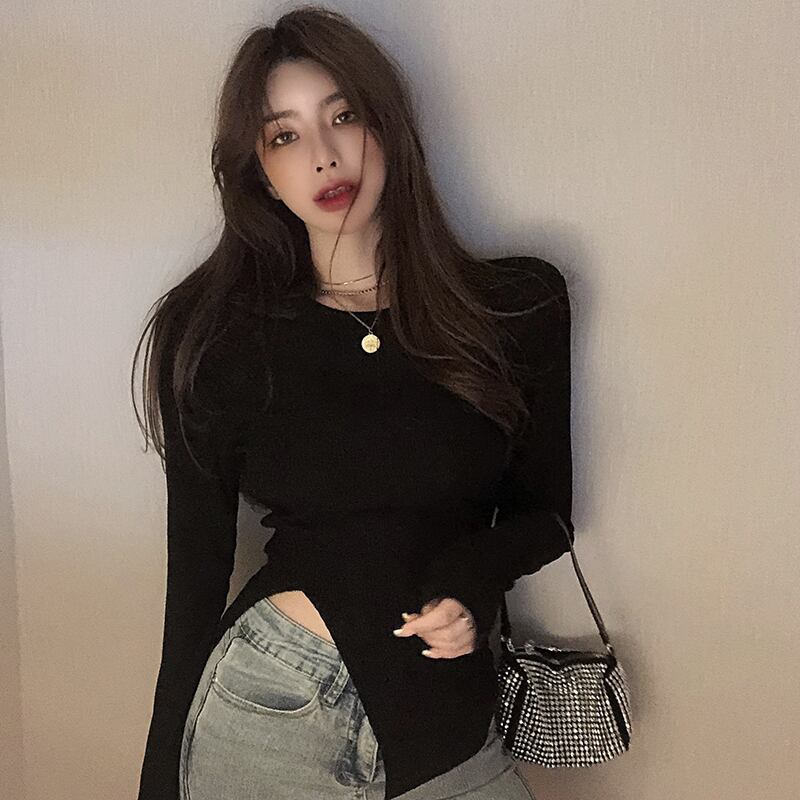 不規則な黒の長袖Tシャツレディース秋タイトボトミングシャツ2020新しいデザインセンスとショートトップ ブラックストロベリース95241803614