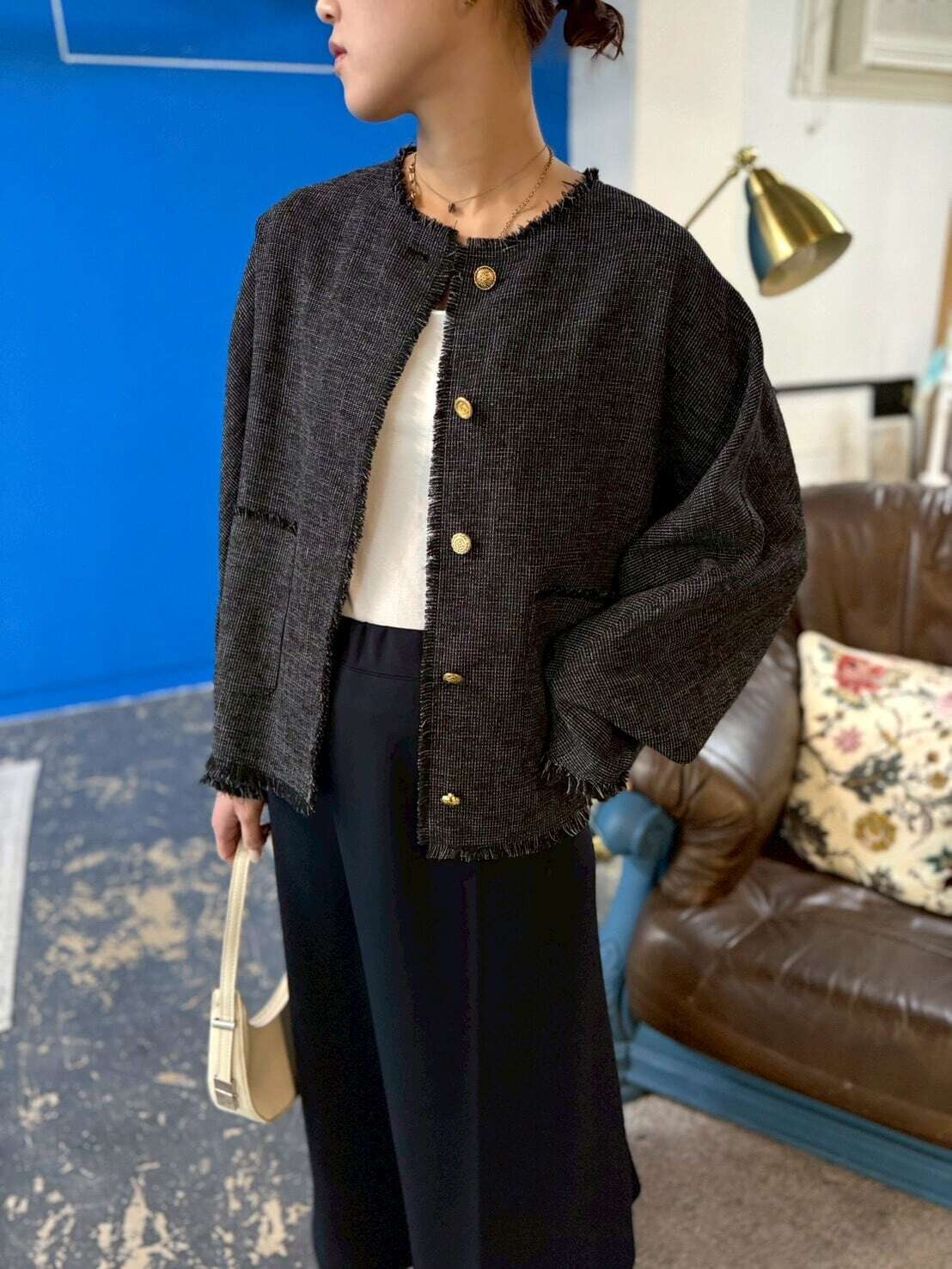 cafune:】mesh tweed no collar jacket | LASHIC